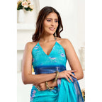 Generic Women's Linen Cotton Printed Ready To Wear Saree With Unstitched Blouse 5.5 Mtr (Light_Aqua_Blue)