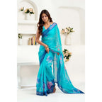 Generic Women's Linen Cotton Printed Ready To Wear Saree With Unstitched Blouse 5.5 Mtr (Light_Aqua_Blue)