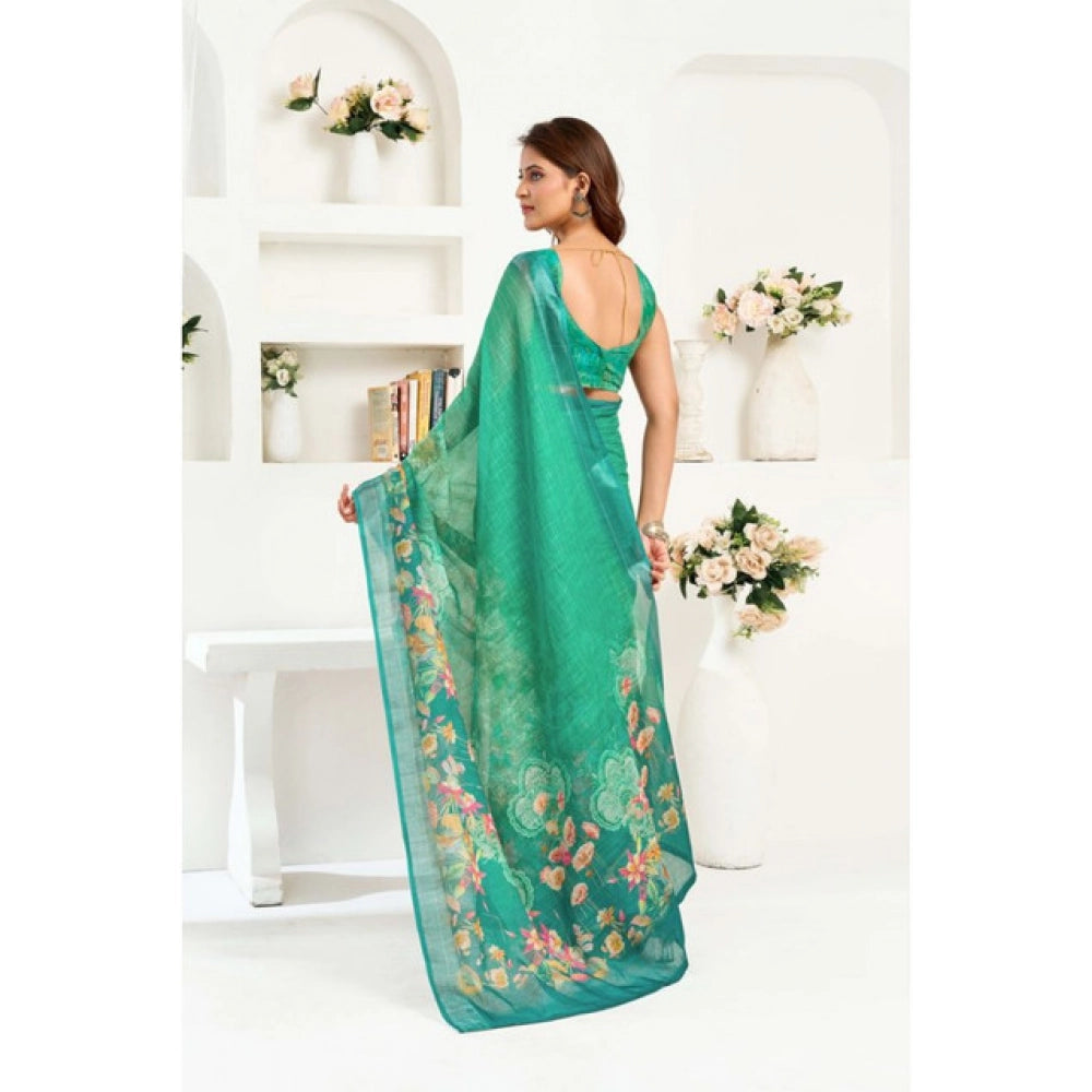 Generic Women's Linen Cotton Printed Ready To Wear Saree With Unstitched Blouse 5.5 Mtr (Green)