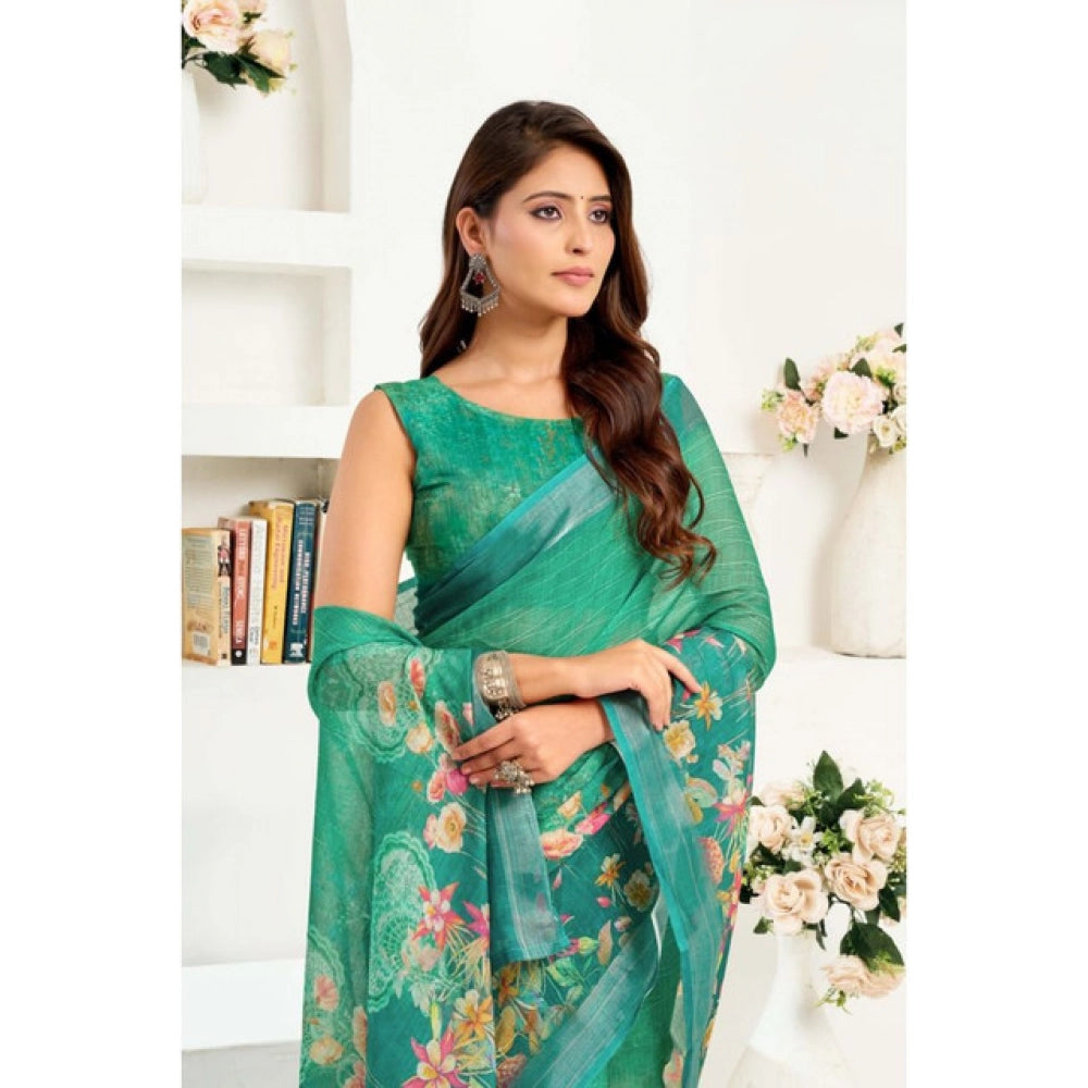 Generic Women's Linen Cotton Printed Ready To Wear Saree With Unstitched Blouse 5.5 Mtr (Green)