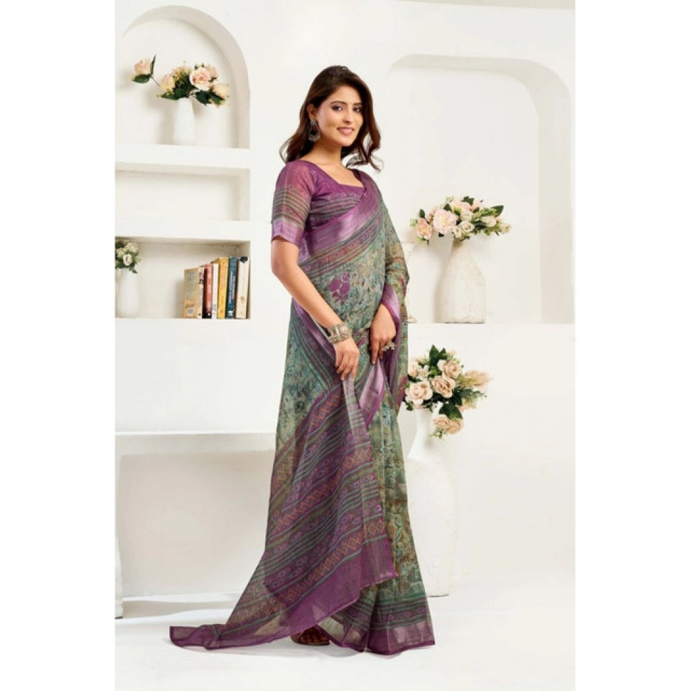 Generic Women's Linen Cotton Printed Ready To Wear Saree With Unstitched Blouse 5.5 Mtr (Multicolor)