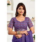 Generic Women's Linen Cotton Printed Ready To Wear Saree With Unstitched Blouse 5.5 Mtr (Purple)