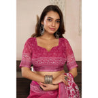 Generic Women's Linen Cotton Printed Ready To Wear Saree With Unstitched Blouse 5.5 Mtr (Pink)