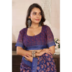 Generic Women's Linen Cotton Printed Ready To Wear Saree With Unstitched Blouse 5.5 Mtr (Dark_Navy_Blue)