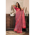 Generic Women's Linen Cotton Printed Ready To Wear Saree With Unstitched Blouse 5.5 Mtr (Red)