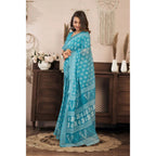 Generic Women's Linen Cotton Printed Ready To Wear Saree With Unstitched Blouse 5.5 Mtr (Aqua_Blue)