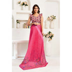 Generic Women's Linen Cotton Printed Ready To Wear Saree With Unstitched Blouse 5.5 Mtr (Pink)