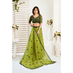 Generic Women's Linen Cotton Printed Ready To Wear Saree With Unstitched Blouse 5.5 Mtr (Green)