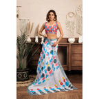 Generic Women's Linen Cotton Printed Ready To Wear Saree With Unstitched Blouse 5.5 Mtr (Multicolor)