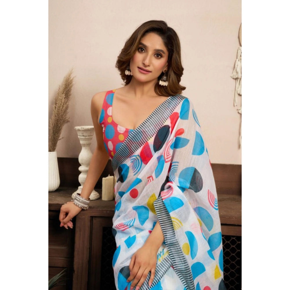 Generic Women's Linen Cotton Printed Ready To Wear Saree With Unstitched Blouse 5.5 Mtr (Multicolor)