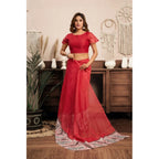 Generic Women's Linen Cotton Printed Ready To Wear Saree With Unstitched Blouse 5.5 Mtr (Red)