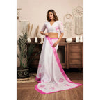 Generic Women's Linen Cotton Printed Ready To Wear Saree With Unstitched Blouse 5.5 Mtr (Light_White)