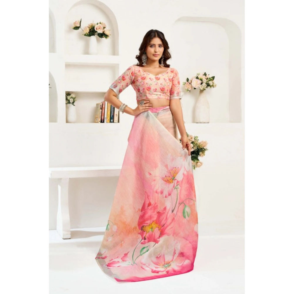 Generic Women's Linen Cotton Printed Ready To Wear Saree With Unstitched Blouse 5.5 Mtr (Light_Peach)
