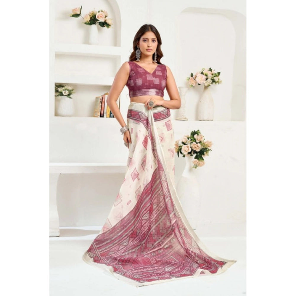 Generic Women's Linen Cotton Printed Ready To Wear Saree With Unstitched Blouse 5.5 Mtr (Off_White)