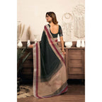 Generic Women's Linen Cotton Plain Ready To Wear With Pocket Saree With Unstitched Blouse 5.5 Mtr (Black)