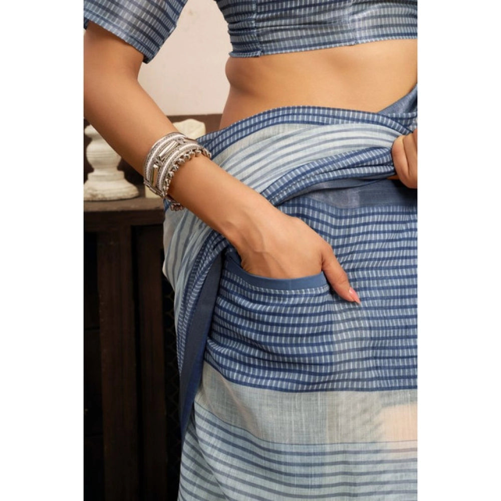 Generic Women's Linen Cotton Printed Ready To Wear With Pocket Saree With Unstitched Blouse 5.5 Mtr (Light_Blue)