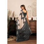 Generic Women's Linen Cotton Printed Ready To Wear With Pocket Saree With Unstitched Blouse 5.5 Mtr (Light_Beige)