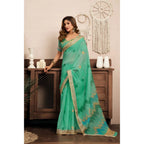 Generic Women's Linen Cotton Printed Ready To Wear With Pocket Saree With Unstitched Blouse 5.5 Mtr (Light_Green)