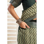 Generic Women's Linen Cotton Printed Ready To Wear With Pocket Saree With Unstitched Blouse 5.5 Mtr (Olive)