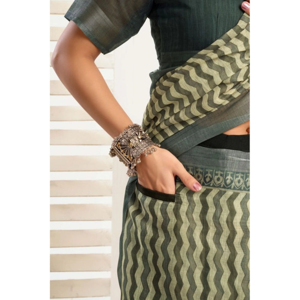 Generic Women's Linen Cotton Printed Ready To Wear With Pocket Saree With Unstitched Blouse 5.5 Mtr (Olive)