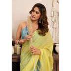 Generic Women's Linen Cotton Printed Ready To Wear With Pocket Saree With Unstitched Blouse 5.5 Mtr (Light_Yellow)