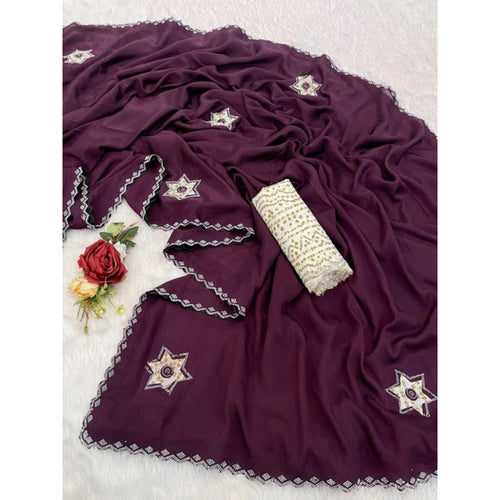 Generic Women's Chiffon Butti Dotted Saree With Unstitched Blouse 5.5Mtr (Wine)