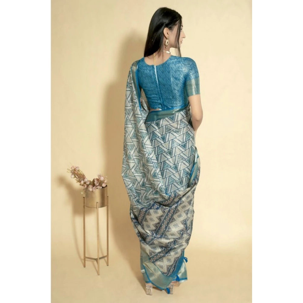 Generic Women's Polyester Printed Saree With Unstitched Blouse 5.5 Mtr (Turquoise)