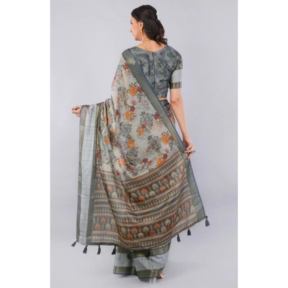 Generic Women's Polyester Printed Ready To Wear Saree With Unstitched Blouse 5.5 Mtr (Light Grey)