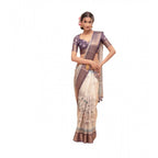 Generic Women's Polyester Printed Saree With Unstitched Blouse 5.5 Mtr (Off-White)