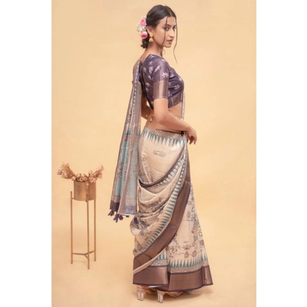 Generic Women's Polyester Printed Saree With Unstitched Blouse 5.5 Mtr (Off-White)