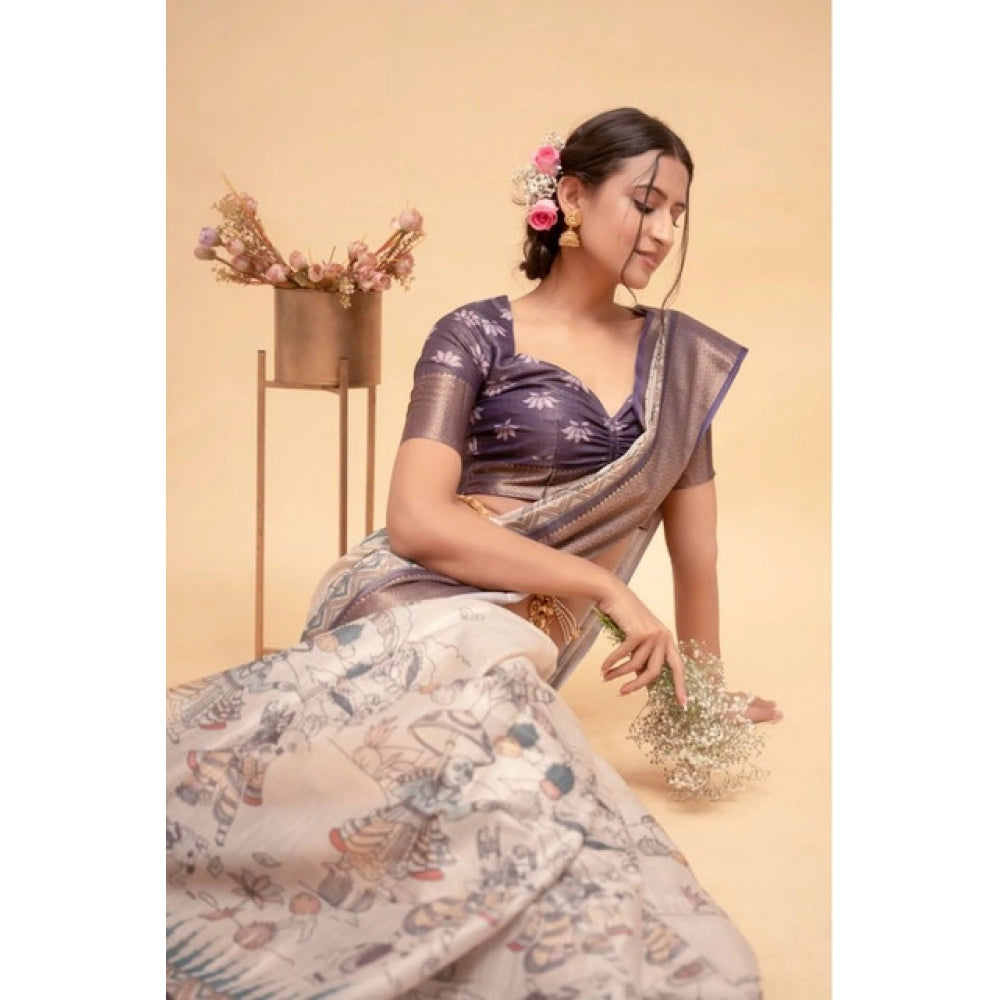 Generic Women's Polyester Printed Saree With Unstitched Blouse 5.5 Mtr (Off-White)