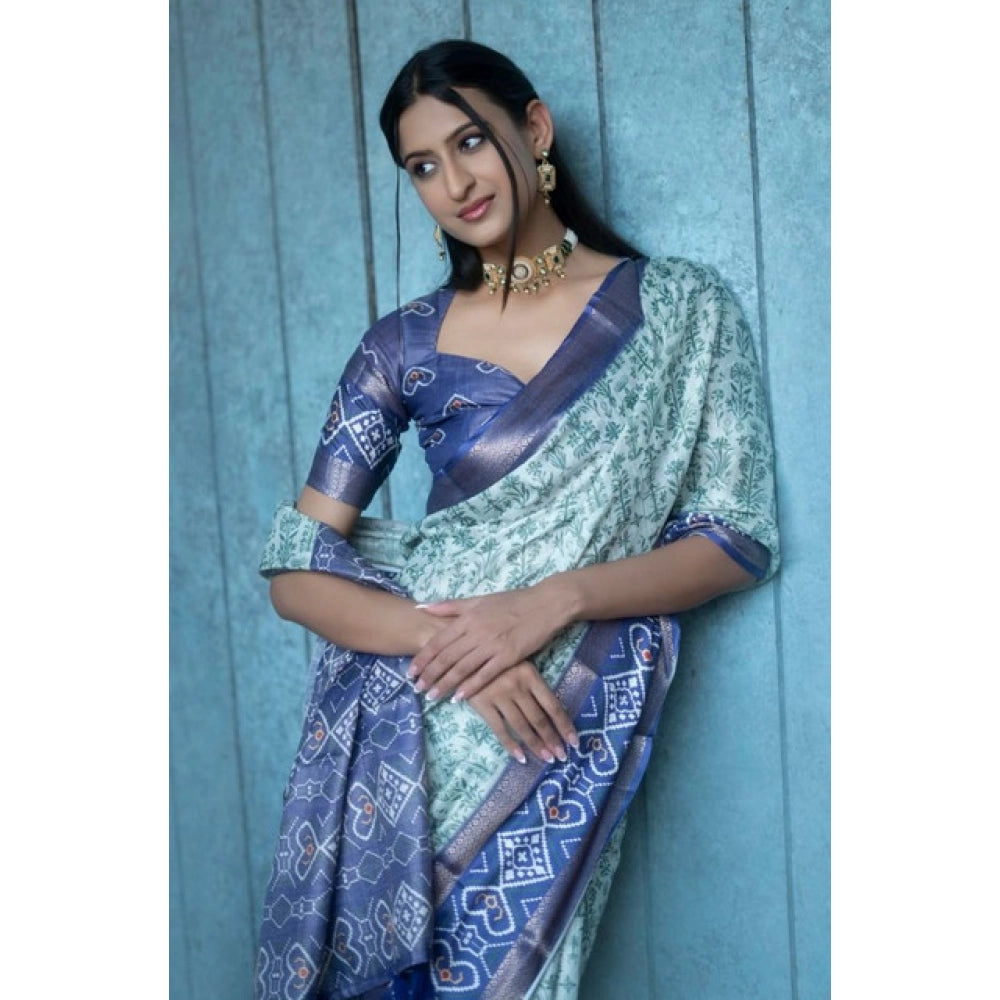 Generic Women's Polyester Printed Saree With Unstitched Blouse 5.5 Mtr (Green)