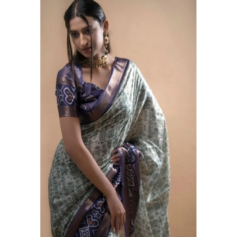 Generic Women's Polyester Printed Saree With Unstitched Blouse 5.5 Mtr (Green)