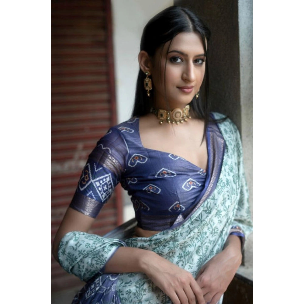 Generic Women's Polyester Printed Saree With Unstitched Blouse 5.5 Mtr (Green)
