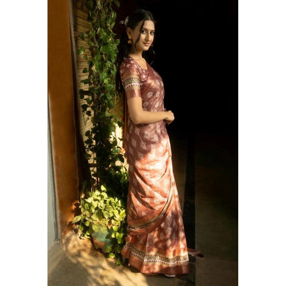 Generic Women's Polyester Printed Saree With Unstitched Blouse 5.5 Mtr (Maroon)
