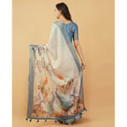 Generic Women's Polyester Printed Saree With Unstitched Blouse 5.5 Mtr (Cream)