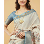 Generic Women's Polyester Printed Saree With Unstitched Blouse 5.5 Mtr (Cream)