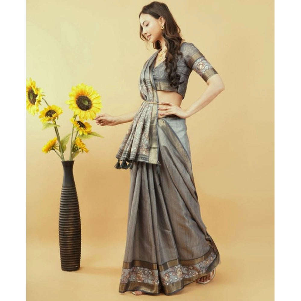 Generic Women's Polyester Printed Saree With Unstitched Blouse 5.5 Mtr (Grey)