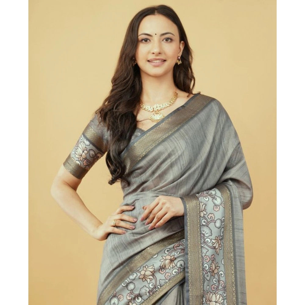 Generic Women's Polyester Printed Saree With Unstitched Blouse 5.5 Mtr (Grey)