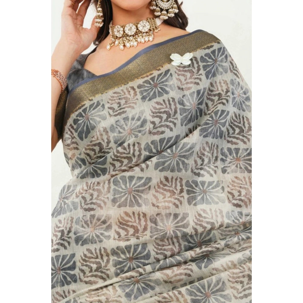 Generic Women's Polyester Printed Saree With Unstitched Blouse 5.5 Mtr (Grey)