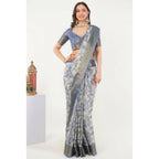 Generic Women's Polyester Printed Saree With Unstitched Blouse 5.5 Mtr (Grey)