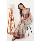 Generic Women's Polyester Printed Saree With Unstitched Blouse 5.5 Mtr (Cream)