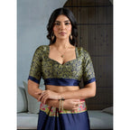 Generic Women's Satin Crepe Printed Saree With Unstitched Blouse 5.5Mtr (Navy Blue)
