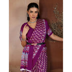 Generic Women's Satin Crepe Printed Saree With Unstitched Blouse 5.5Mtr (Purple)