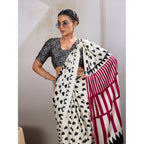 Generic Women's Satin Crepe Printed Saree With Unstitched Blouse 5.5Mtr (White)