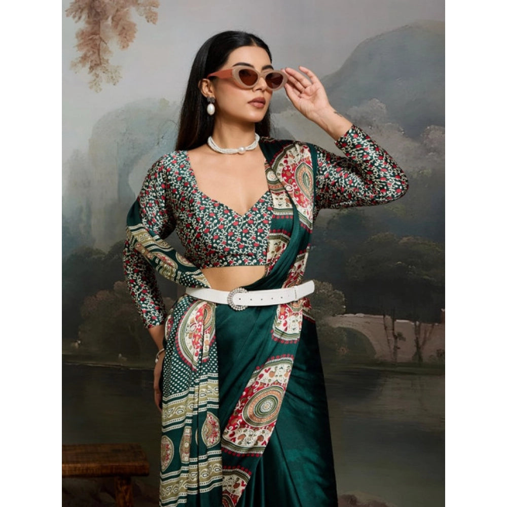 Generic Women's Satin Crepe Printed Saree With Unstitched Blouse 5.5Mtr (Green)