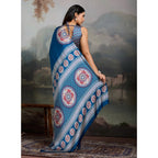 Generic Women's Satin Crepe Printed Saree With Unstitched Blouse 5.5Mtr (Blue)
