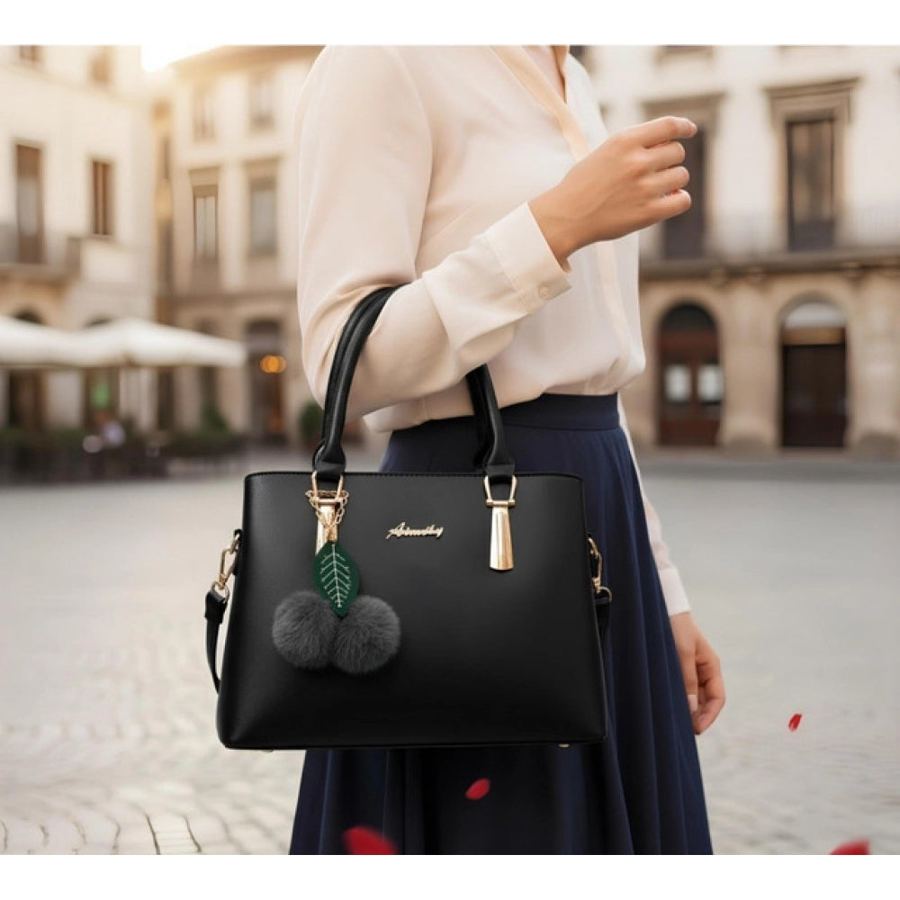 Generic Women's PU Leather Solid Shoulder Zipper Handbag (Black)