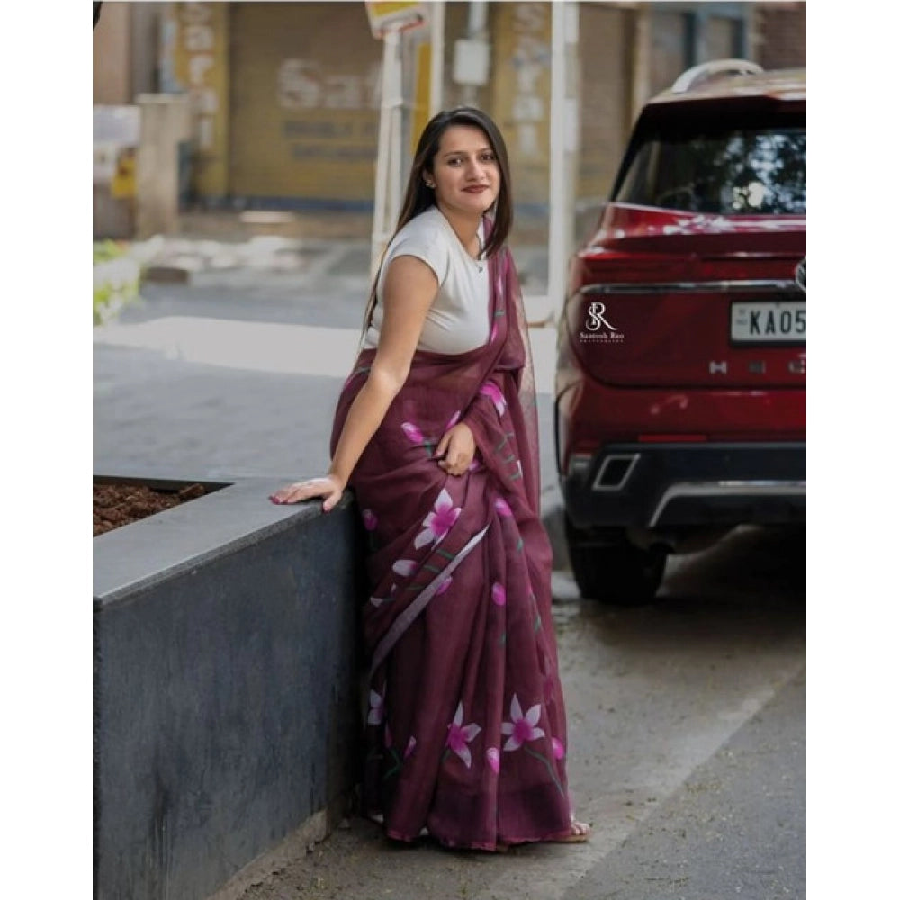 Generic Women's Linen Printed Saree With Unstitched Blouse 5.5Mtr (Brown)