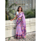 Generic Women's Linen Printed Saree With Unstitched Blouse 5.5Mtr (Purple)